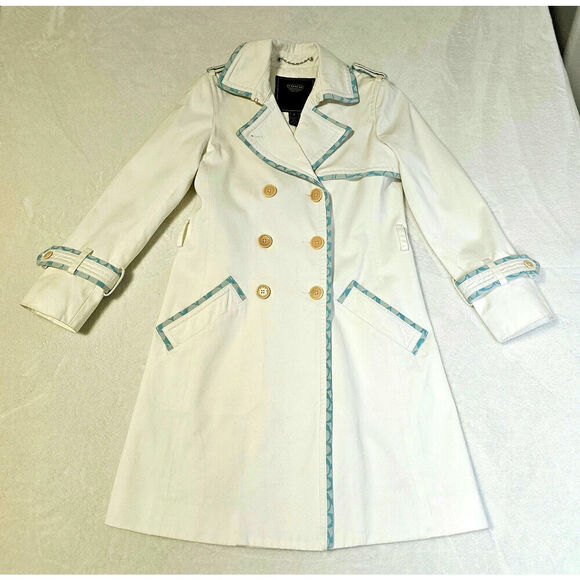 Coach Leather Est 1941 Trench coat. Sz 2. White blue trim. "NO BELT". Kneelength - Picture 1 of 16
